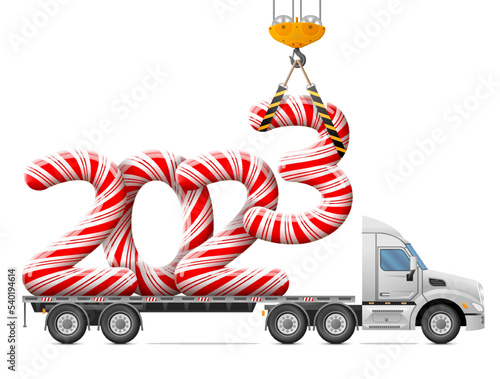 Crane loads New Year 2023 of candy stick. Big striped holiday candies year number in back of truck. Vector image for new years day, christmas, confection, transportation, winter holiday, trucking, etc