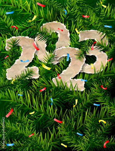 New Year 2023 of crumpled paper between pine twigs. Paper year numbers is strewn with confetti on christmas tree. Vector image for new years day, christmas, winter holiday, new years eve, silvester