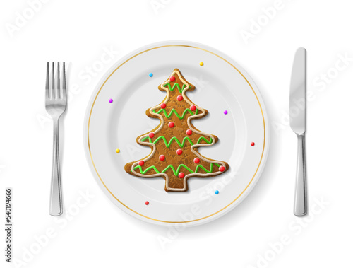 Gingerbread christmas tree is on white plate. Dinner plate with holiday cookie inside and with  fork and knife. Vector image about christmas, cooking, table setting, new years day, restaurant service