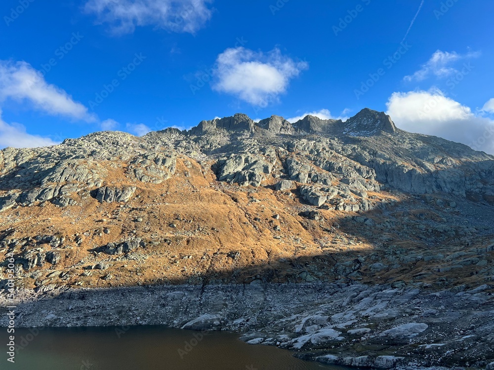 Rocks and stones in the autumn Swiss Alpine environment and in the St. Gotthard pass (Gotthardpass) mountain area, Airolo - Canton of Ticino (Tessin), Switzerland (Schweiz)
