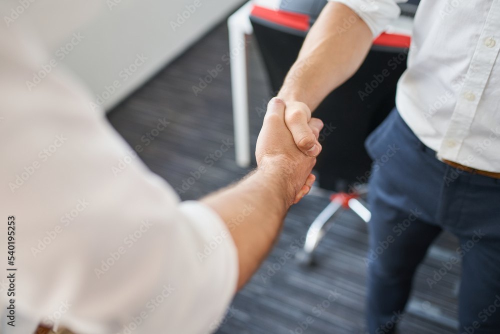 Fototapeta premium Two businessmen shaking hands at office