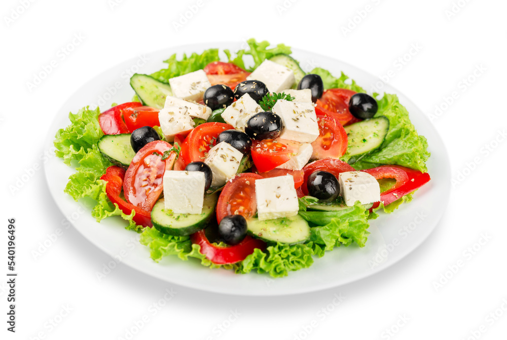 Close-up photo of fresh salad with vegetables in white plate Close-up photo of fresh salad with vegetables in white plate