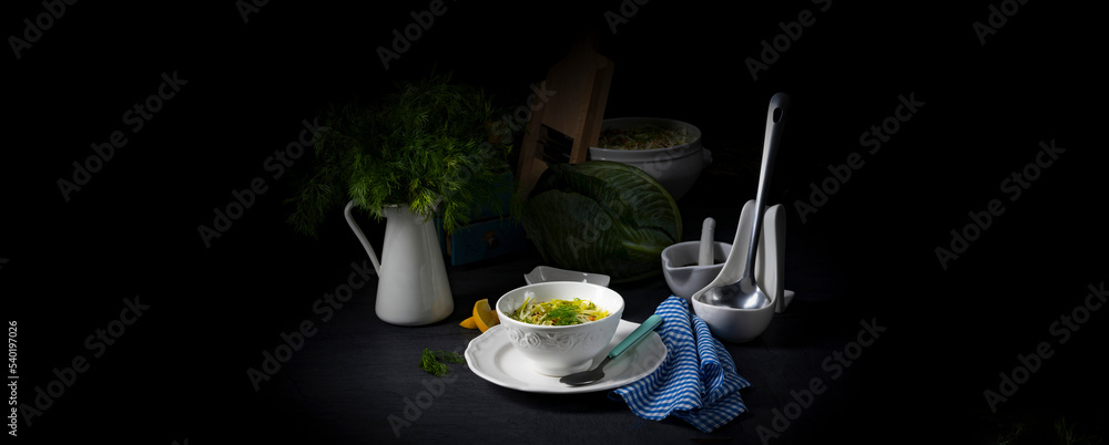 Fototapeta premium White cabbage with dill and diced bacon