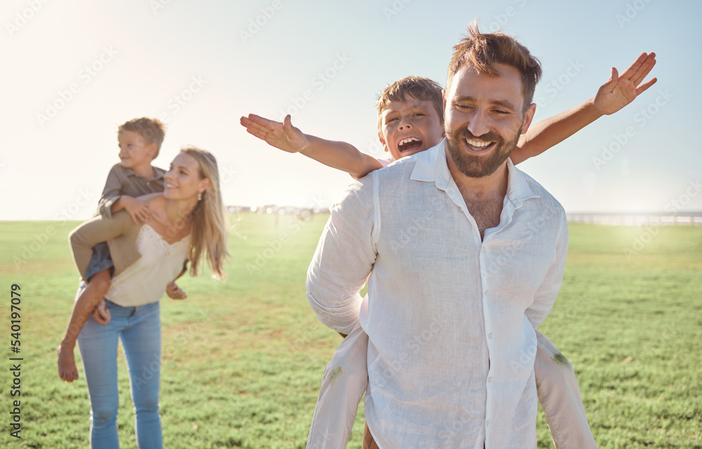 Family, children and piggyback with parents carrying kids outdoor on a field during summer vacation. Happy, love and holiday with a girl, boy and parents on the back of mom and dad outside for fun Family, children and piggyback with parents carrying kids outdoor on a field during summer vacation. Happy, love and holiday with a girl, boy and parents on the back of mom and dad outside for fun