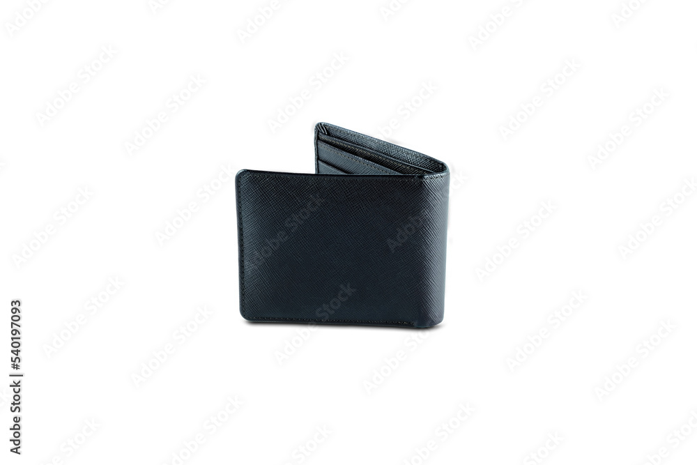 Top view of a black genuine leather wallet split on a white background. Top view of a black genuine leather wallet split on a white background.