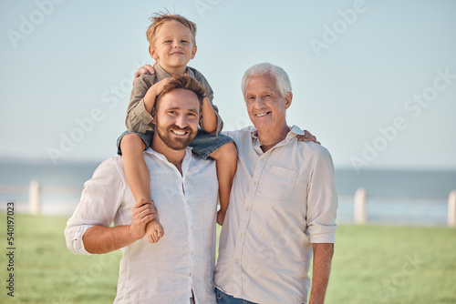 Bild auf Leinwand Grandfather, boy and portrait with father at park carrying kid or piggy back outdoors on vacation, summer holiday or trip