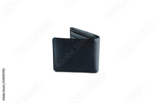 Top view of a black genuine leather wallet split on a white background.