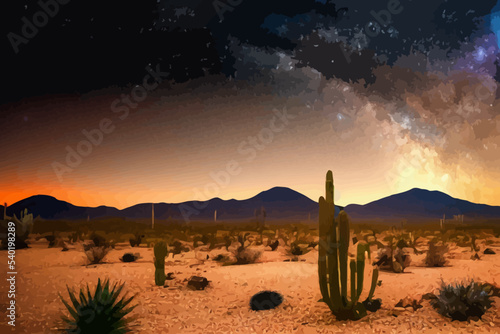 starry night over the mexican desert,desert cacti.