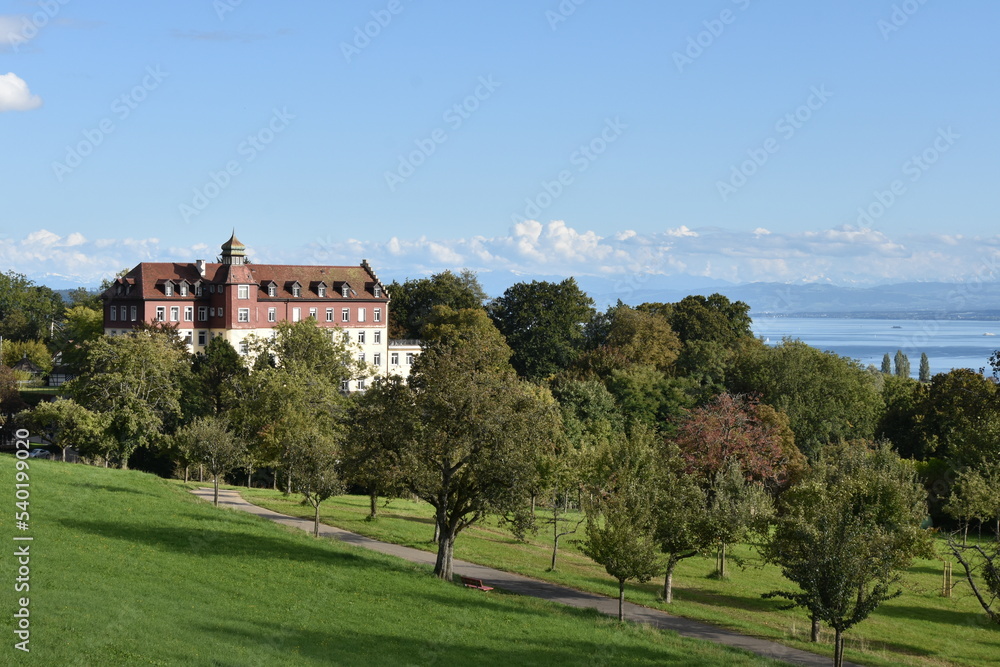 Lake Constance Vista with Apple Orchard and Small Castle in Foreground in Early Autumn