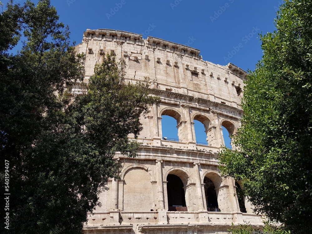 The ancient stone walls of the Roman Colosseum