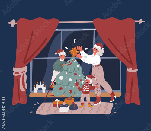 Cartoon vector illustration of Mother with kids decorated Christmas tree