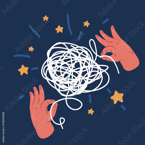 Cartoon vector illustration of Hands untangling tangle with tangled thread. Illustration of idea of curve, thought process and multitude of solutions