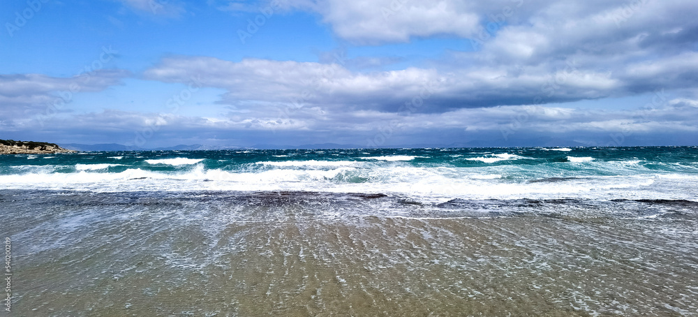 panoramic view of a beach in Greece at winter. Marikes beac, Rafina city , Greece