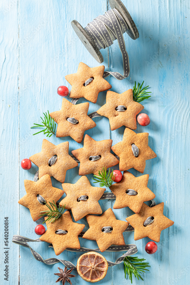 Fototapeta premium Aromatic gingerbread cookies chain for Christmas tree.