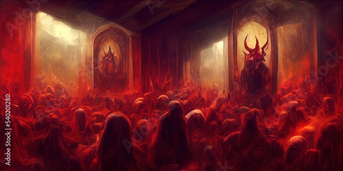 Fotografija Satanist Cultists in the red Hall in hell, dark fantasy painting illustration