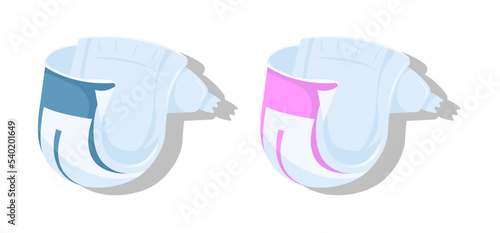 Baby diapers for boy and girl. Pink diaper. Blue diaper. A diapers are opened in front. Realistic vector illustration for kids production on white background.
