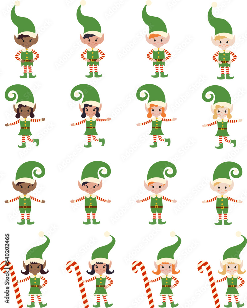 Cheerful elves in different poses, with different hair and skin colors. Santa's helpers. Girls and boys in elf costumes. New Year illustration in flat style. Vector image.