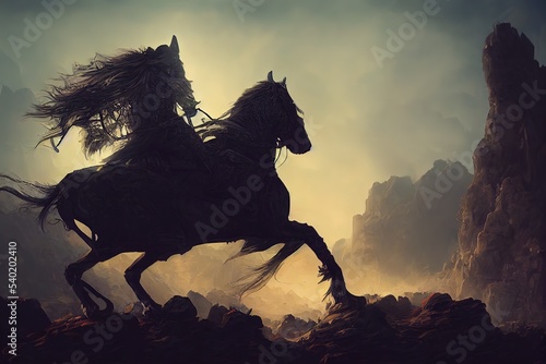 Canvastavla The dark knight on horseback stands on a rock, the horseman of death and the apo