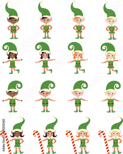 Cheerful elves in different poses, with different hair and skin colors. Santa's helpers. Girls and boys in elf costumes. New Year illustration in flat style. Vector image.