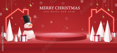 christmas composition in red shelf on the wall for display with snowman cylindrical shape and gift box and house shape neon