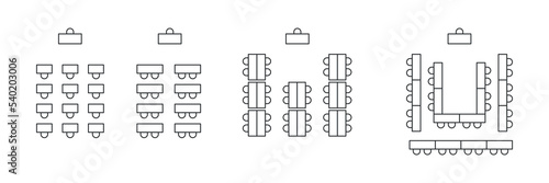 Set of plan seats in classroom or university top view. Chairs and tables line icons. Scheme, blueprint, architectural plan. Vector illustration on white background