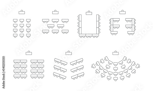Set of plan seats in restaurant or home top view. Chairs and tables line icons. Scheme, blueprint, architectural plan. Vector illustration on white background