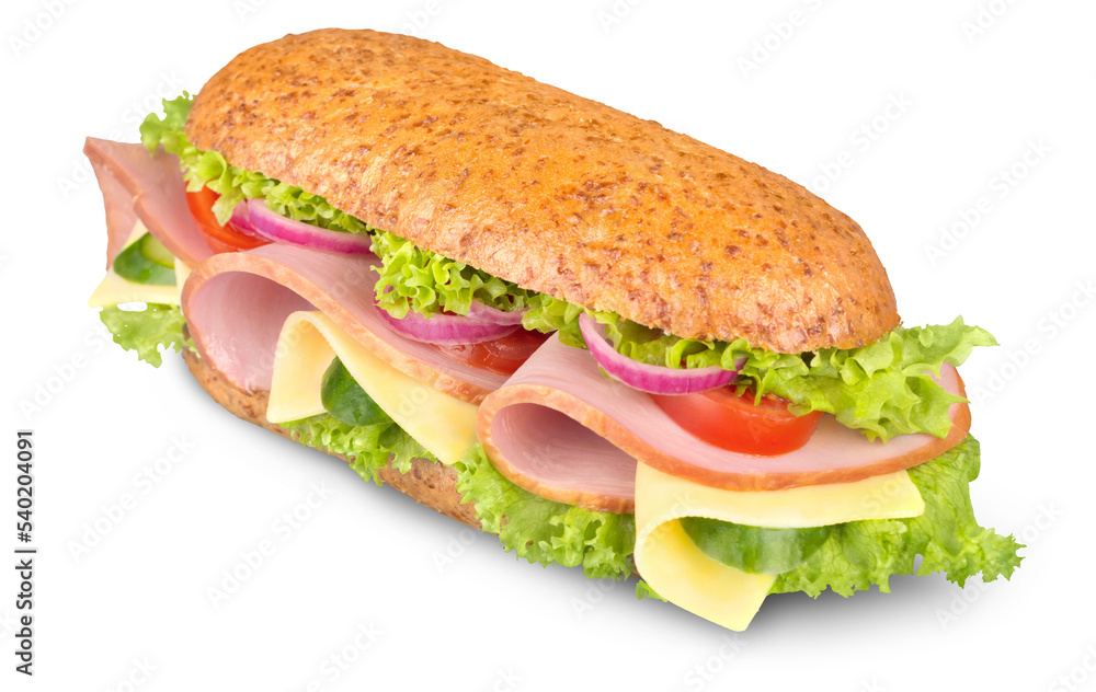 Footlong ham & swiss submarine sandwich isolated on white Footlong ham & swiss submarine sandwich isolated on white