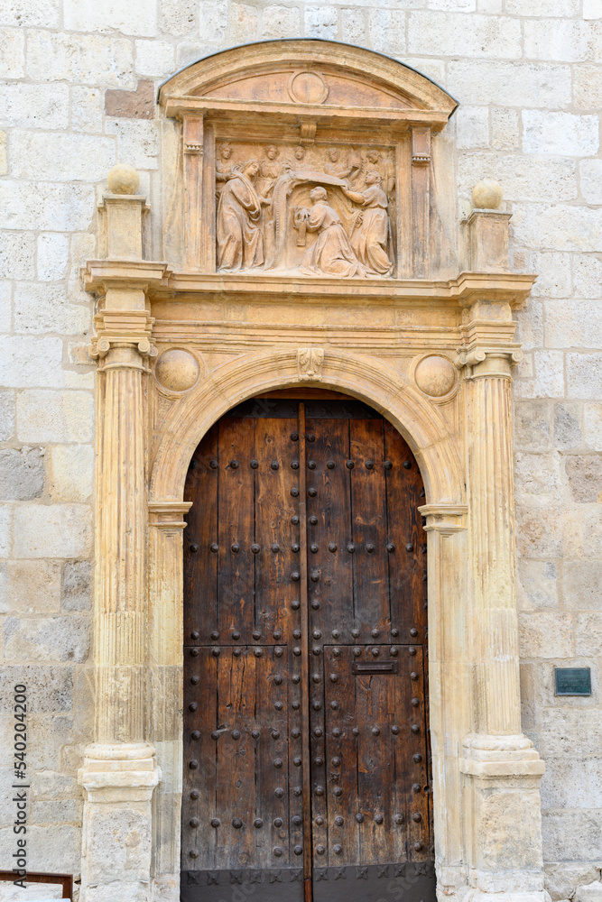 Door of the university de San Ildefonso in Alcala de Henares, Madrid, Spain