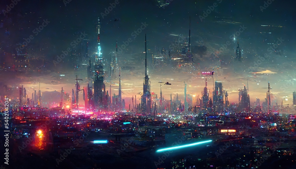 Neon night city futuristic sci-fi, cyberpunk city - obrazy, fototapety, plakaty 