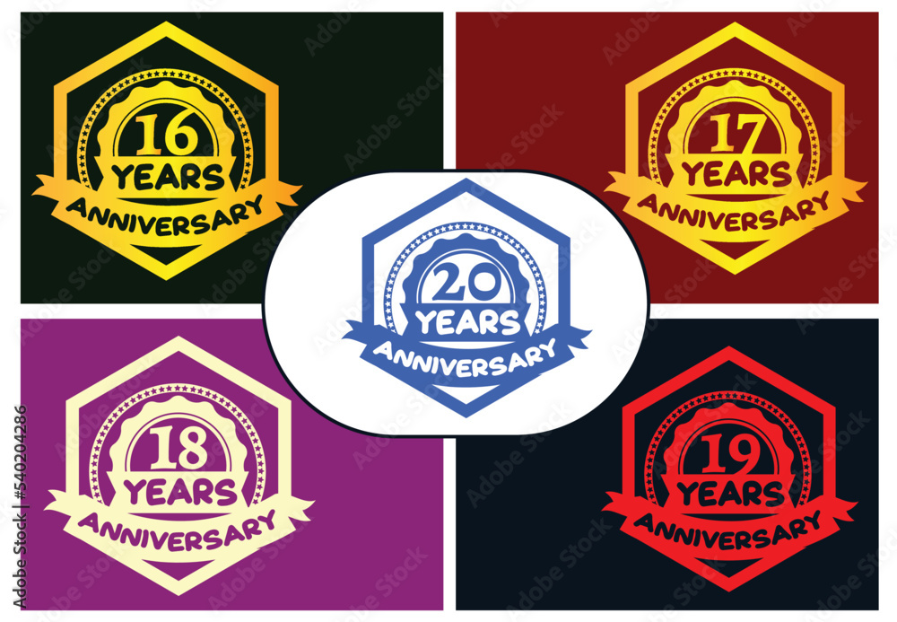 16 to 20 years anniversary logo and sticker design template