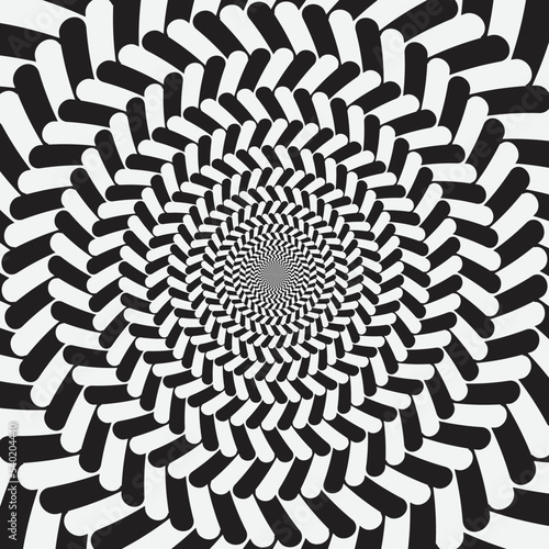 Geometric optical illusion background. Black and white circle psychedelic pattern.