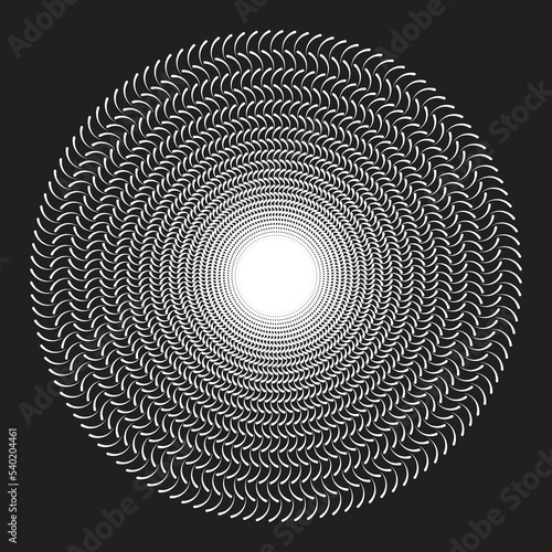 Optical illusion circles with white waves over black background.