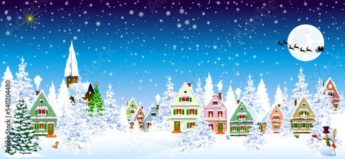 Small village on Christmas night. Winter rural landscape. Houses covered with snow. Snow covered forest. Christmas night. Santa on a sleigh against the backdrop of the moon