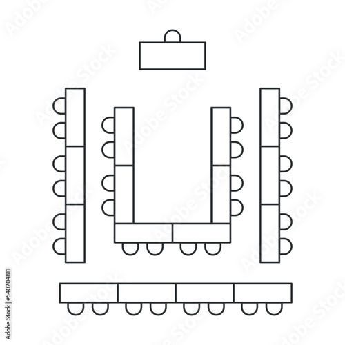 Classroom seating scheme. Tables and chairs  line icon. Top view furniture interior plan. Vector illustration on white background