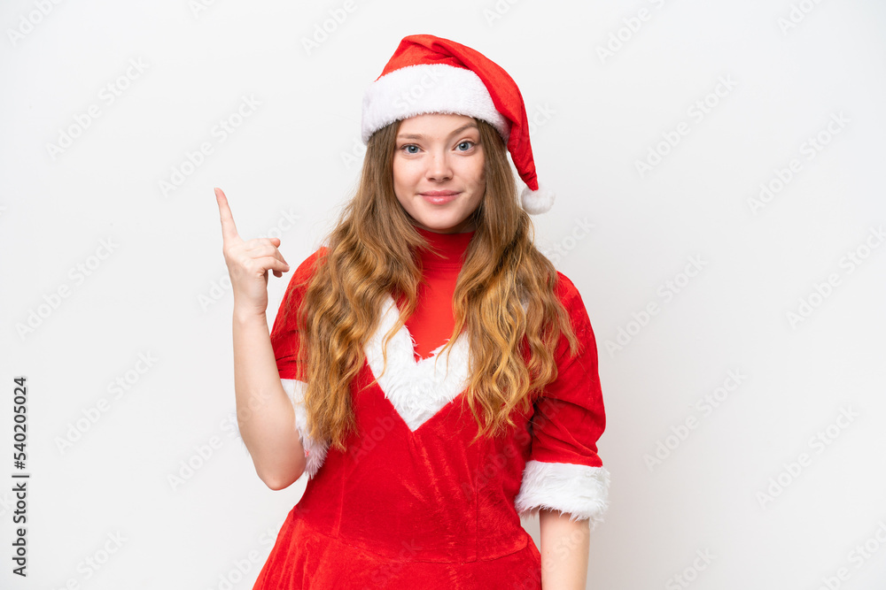 Young caucasian woman with Christmas dress isolated on white background pointing with the index finger a great idea Young caucasian woman with Christmas dress isolated on white background pointing with the index finger a great idea
