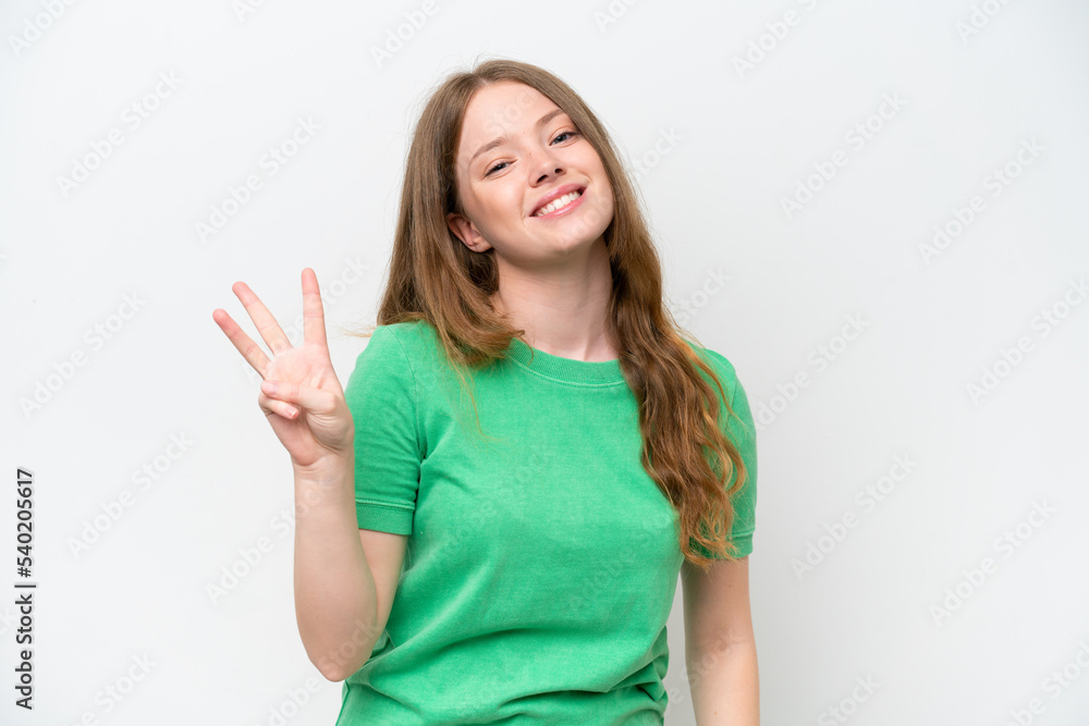 Young pretty woman isolated on white background happy and counting three with fingers Young pretty woman isolated on white background happy and counting three with fingers