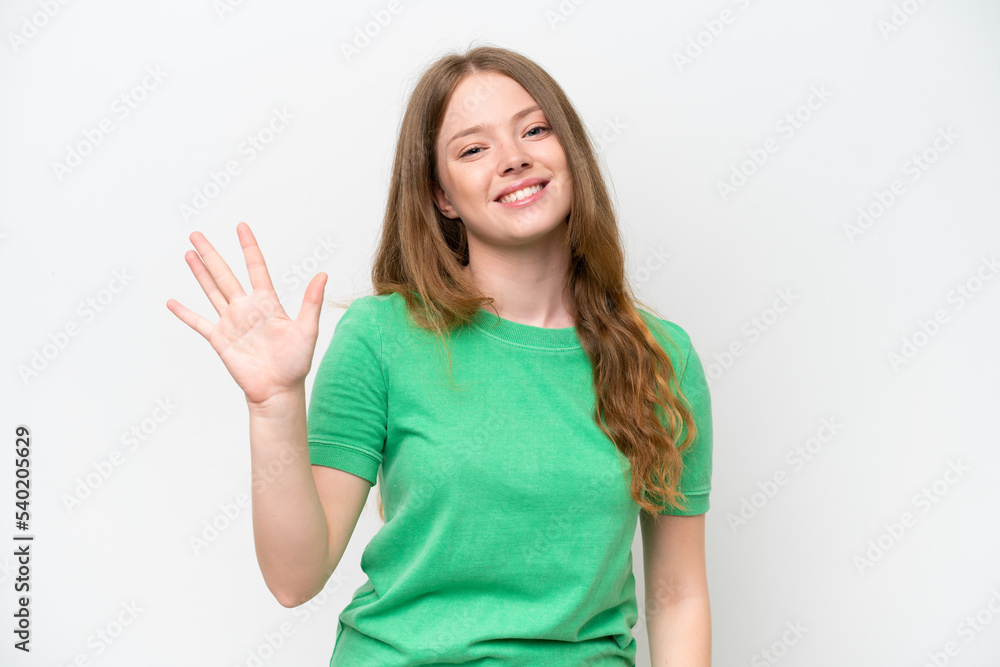 Young pretty woman isolated on white background counting five with fingers Young pretty woman isolated on white background counting five with fingers