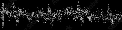 Falling numbers, big data concept. Binary white messy flying digits. Immaculate futuristic banner on black background. Digital vector illustration with falling numbers. photo
