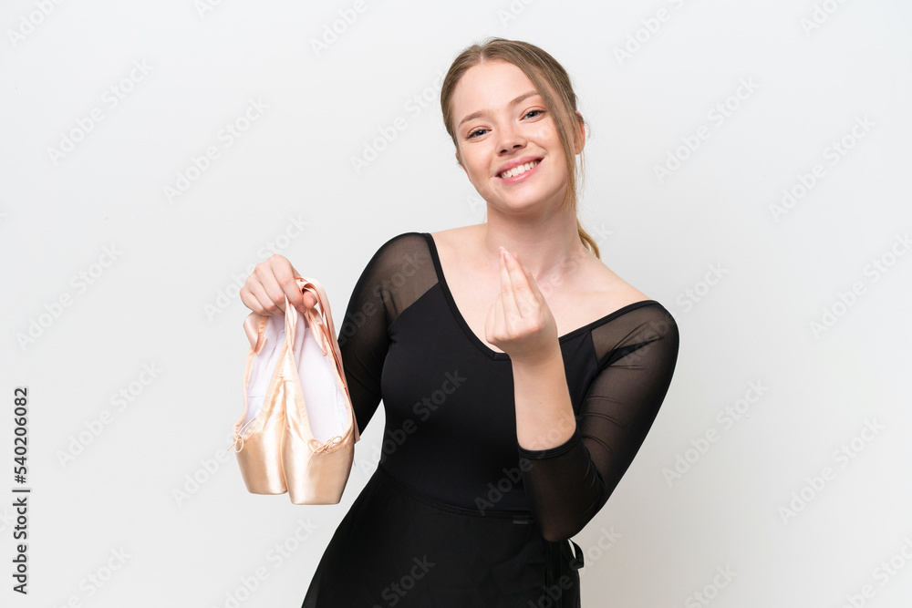 Young woman practicing ballet isolated on white background making money gesture Young woman practicing ballet isolated on white background making money gesture