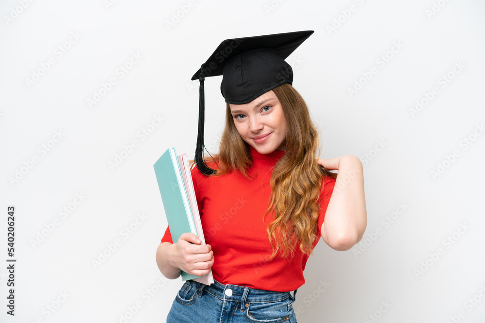 Young university graduate woman isolated on white background laughing Young university graduate woman isolated on white background laughing