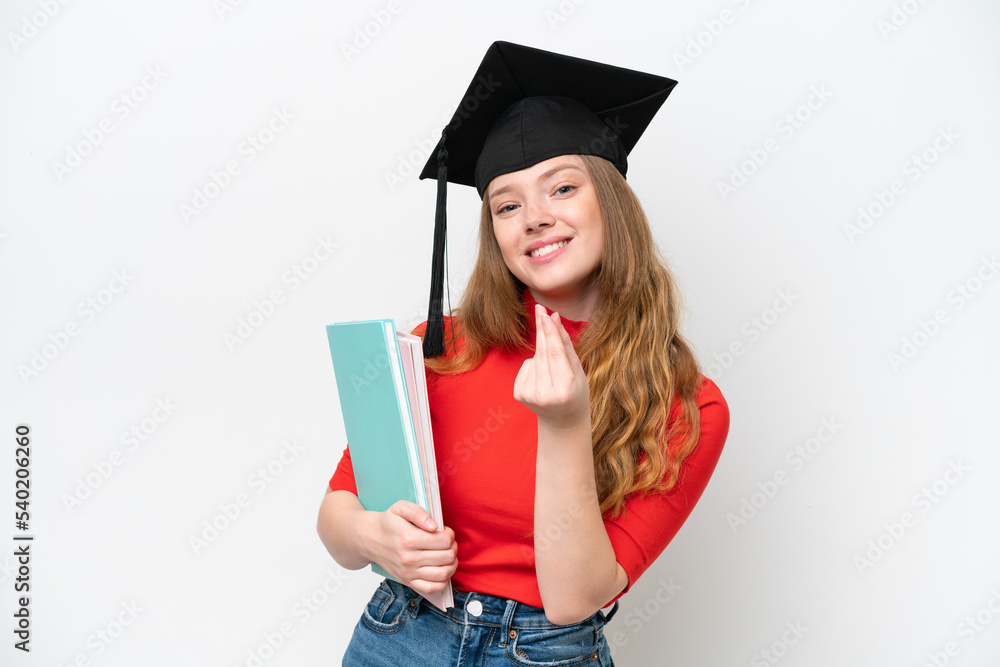Young university graduate woman isolated on white background making money gesture Young university graduate woman isolated on white background making money gesture