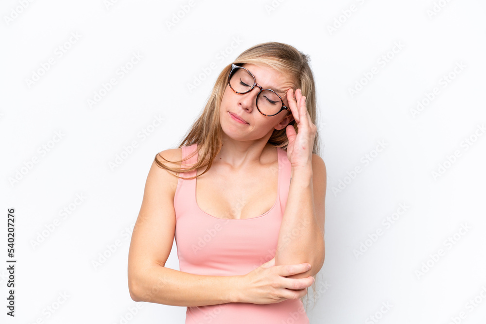 Young caucasian woman isolated on white background with headache Young caucasian woman isolated on white background with headache