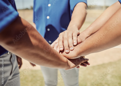 Canvas Print Teamwork, support and hands of baseball player for motivation in sports, goals and winner mindset