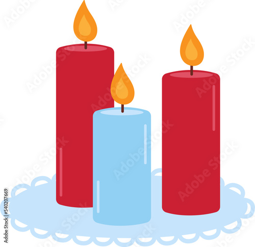 Three aromatic candles on stand isolated on white background. Burning decorative red and blue wax candles. Relaxation, aromatherapy, romantic, valentine's day, christmas vector flat illustration