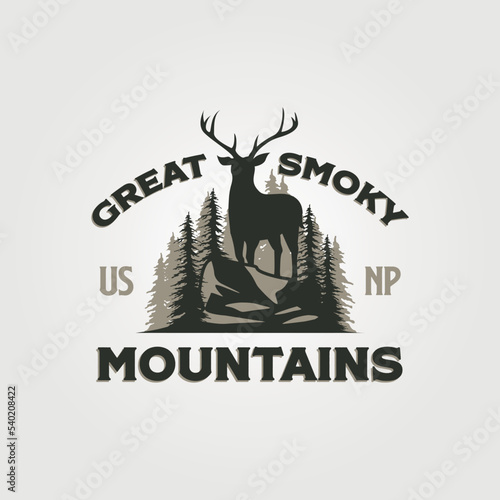 great smoky mountain vintage outdoor logo design with antler symbol on the hill
