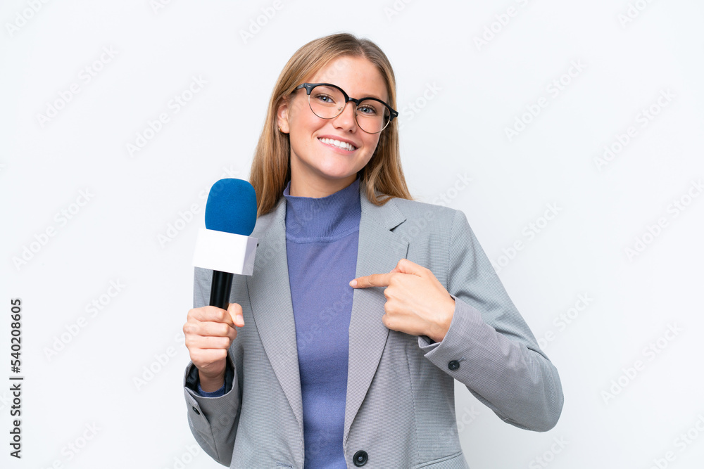Young TV presenter caucasian woman isolated on white background with surprise facial expression Young TV presenter caucasian woman isolated on white background with surprise facial expression