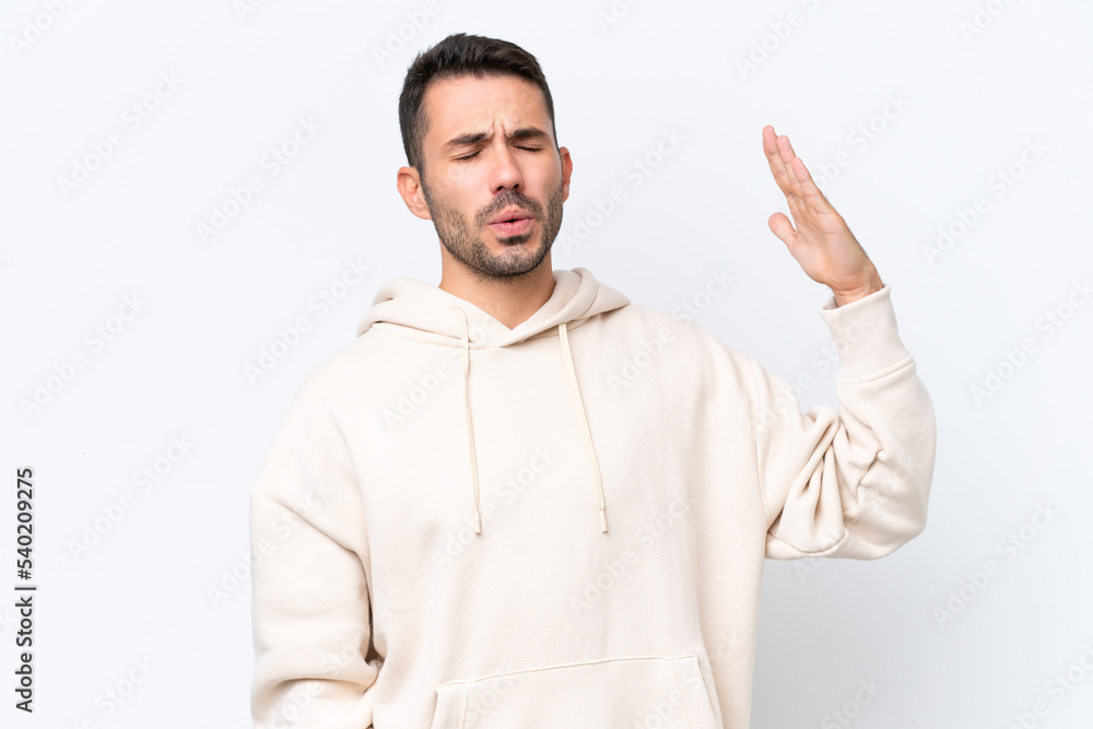 Young caucasian man isolated on white background with tired and sick expression