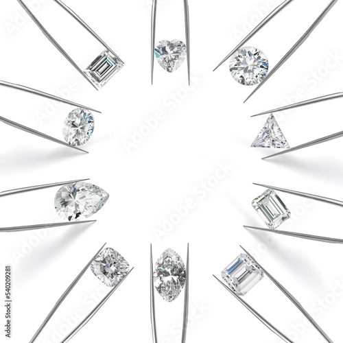 Assorted Diamond Shapes in Tweezers Isolated on White Background