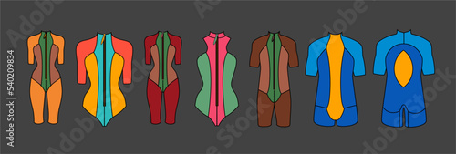 Neoprene swimsuits with knee-length trousers. Swimsuits - suits for surfers are short. Women's sports. Men's surfing.  A wave for Surfing. Sports fashion, clothing. Women's surfing suit.