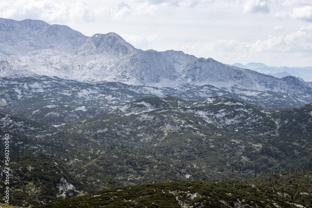 Wide panoramic beautiful view from the Dachstein on a sunny day. Austrian Alps. Viewpoint 5 Fingers  